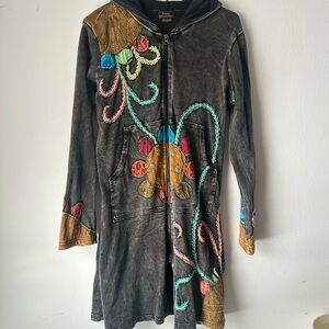 Rinsing International Long Hooded Zip Up Jacket with Colorful Floral Embroidery